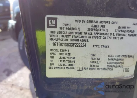 2003 GMC Sierra 1500Hd Slt from USA, damaged, VIN 1GTGK13U33F222224